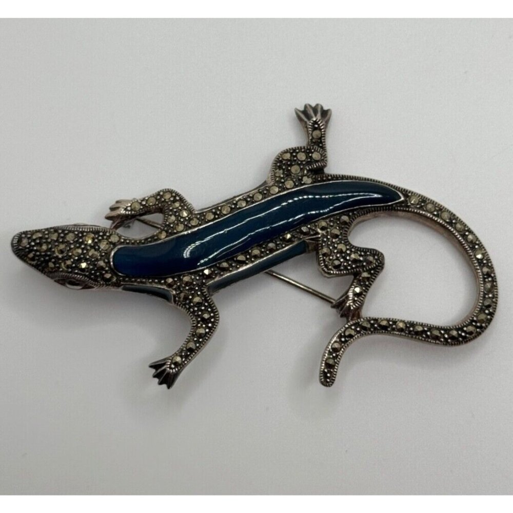 Ari D Norman Sterling Silver Plique‎ a Jour Enamel Marcasite Gecko Lizard Brooch